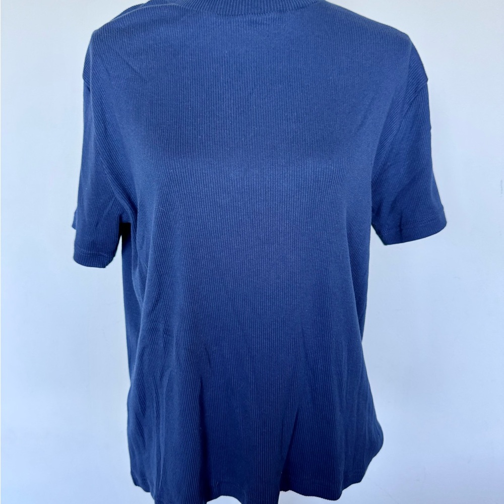 Vintage Ribbed Navy Mock Neck Tee | L- XL | EUC | Classic | Staple | Neutral